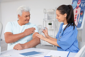 Diabetic mature man with doctor using lancet pen in clinic