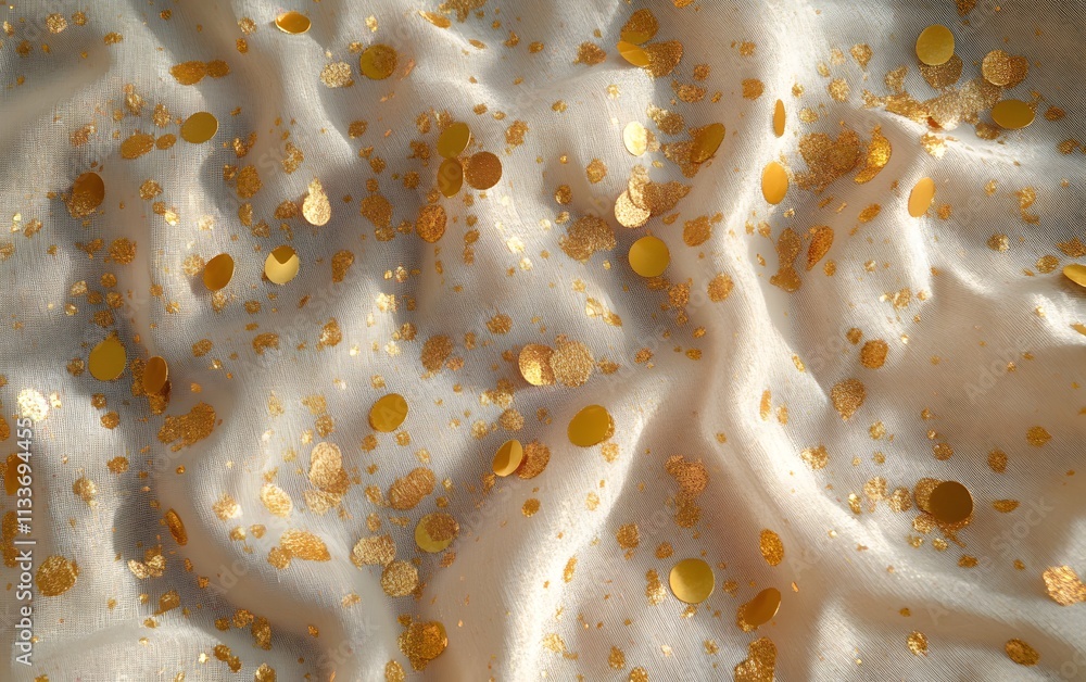 Poster a textured fabric with golden confetti scattered across it, creating a festive appearance.