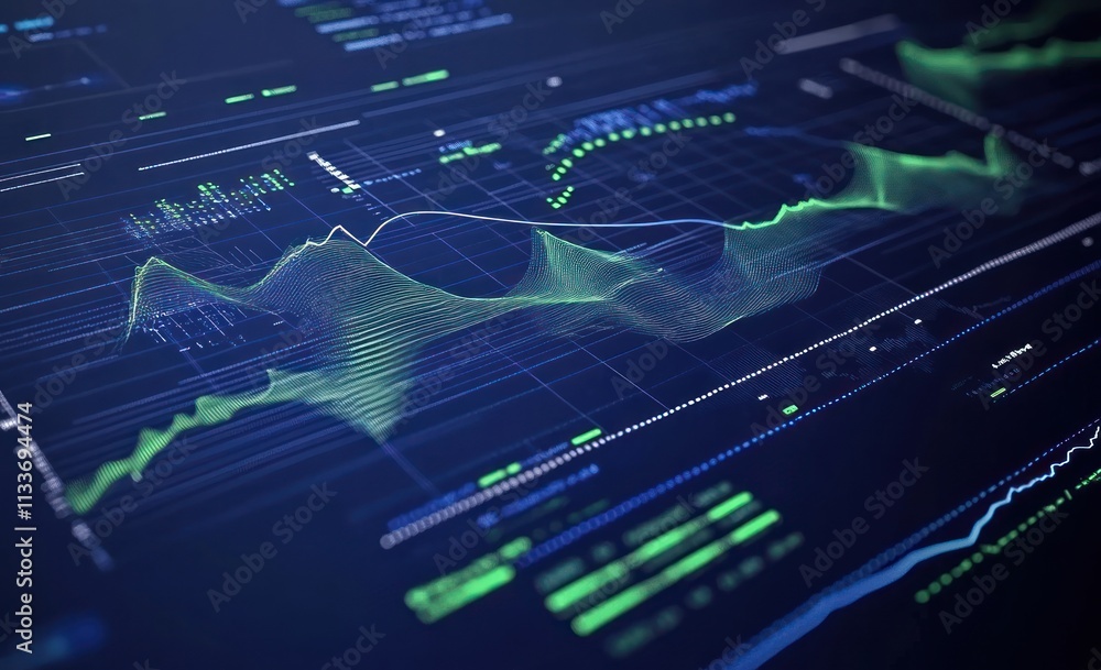 Aufkleber Abstract digital data visualization with graphs and charts on a dark background.