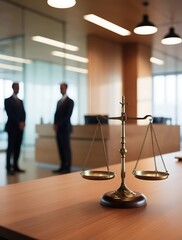 Scales of justice on a desk in a modern lawyer's office with blurred background (21)