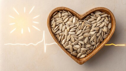 A closeup view of sunflower seeds nestled inside a heartshaped bowl made of woven organic material. Soft light filters through illuminating the seeds and creating a warm