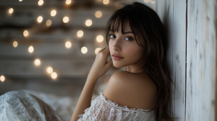 Fototapeta premium Young woman with soft features seated against a wooden wall and fairy lights in a cozy setting