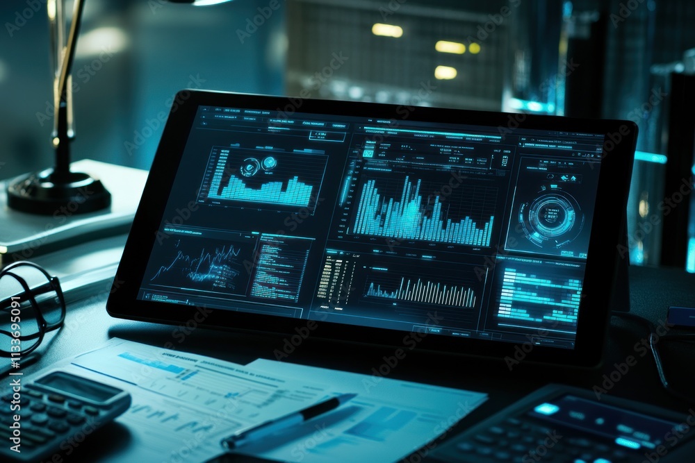 Poster Tablet displaying financial data graphs and charts at night.