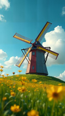 Colorful Windmill on a Scenic Hill
