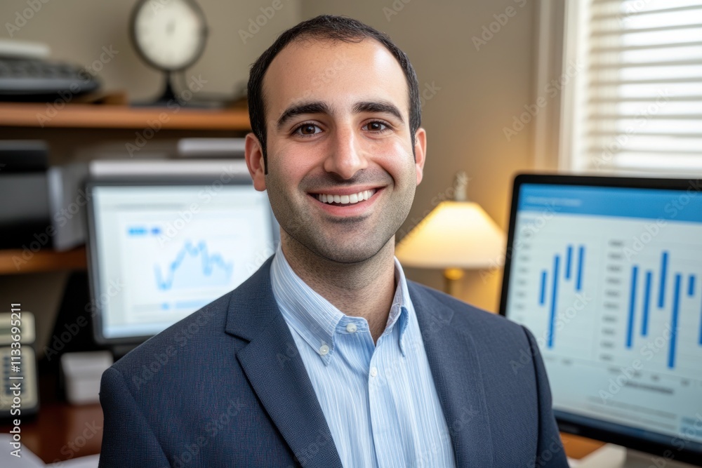 Poster Smiling businessman in office with computer screens showing graphs.