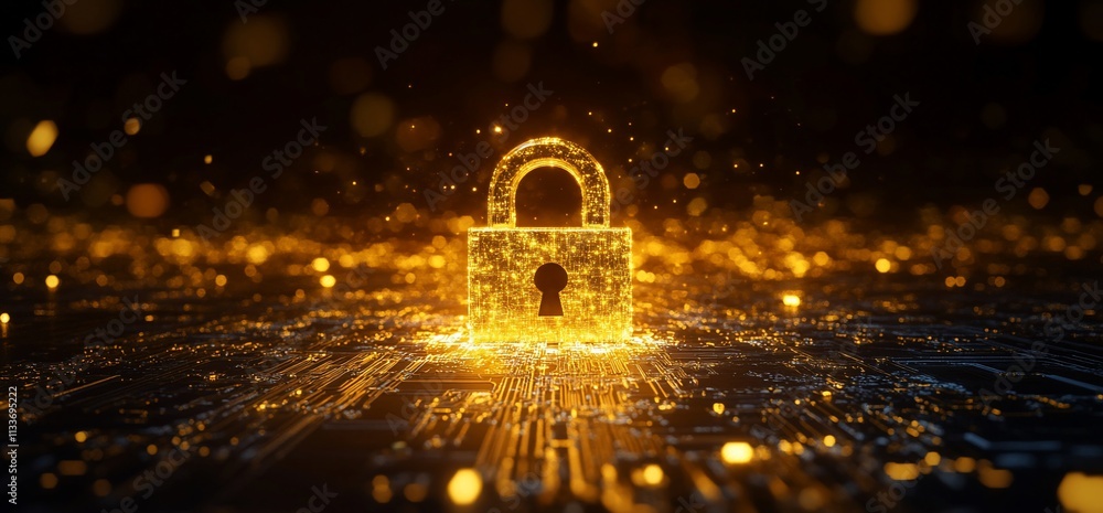 Poster a glowing golden padlock on a digital circuit background symbolizes security.