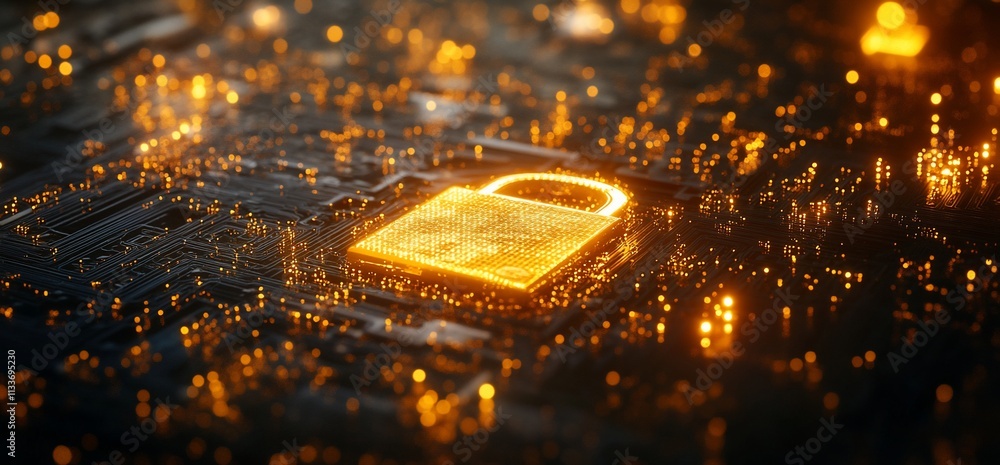 Poster a glowing padlock symbolizing cybersecurity on a digital circuit board.