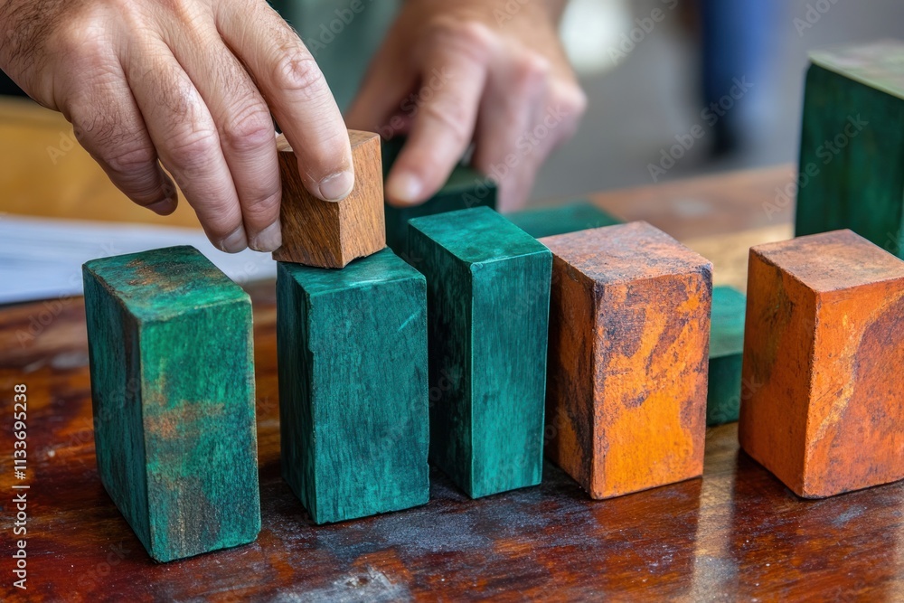 Aufkleber hands arranging colorful wooden blocks on a table.