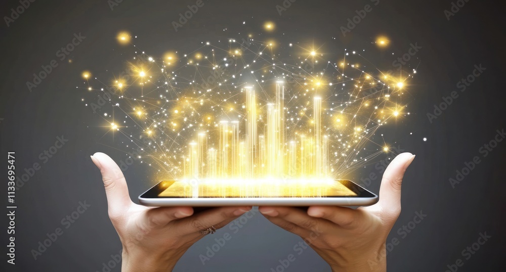 Poster Glowing data graph emanating from a tablet held in hands.