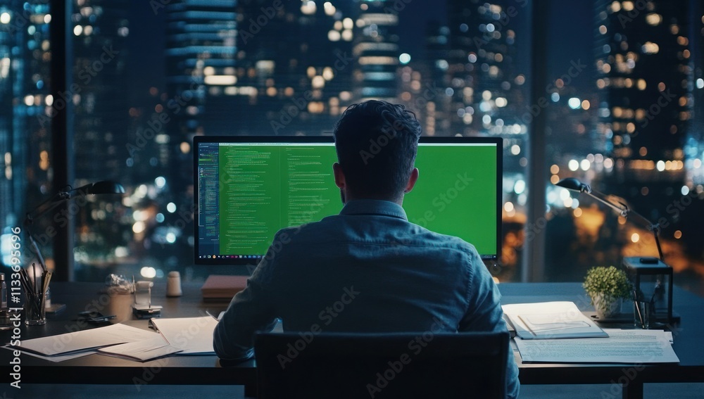 Poster Man working late at night in front of a computer with a green screen, overlooking a city skyline.
