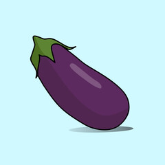 A cartoon eggplant with a green leafy top sits on a light blue background.