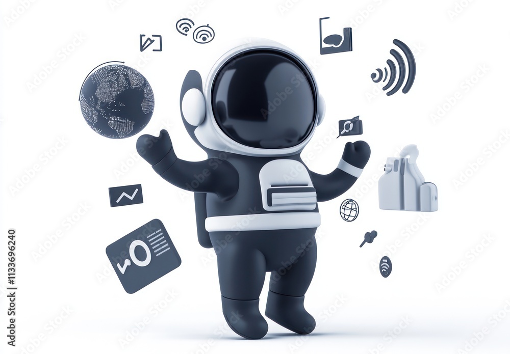 Aufkleber astronaut juggling global data and technology icons.