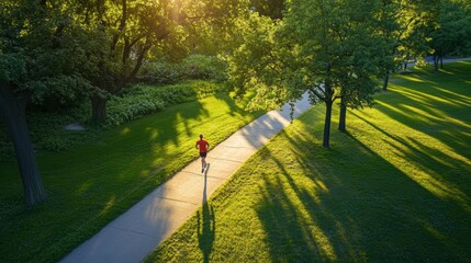 Obraz premium A solitary runner jogs on a winding path in a vibrant green park, bathed in the warm light of sunset, surrounded by trees. Generative AI