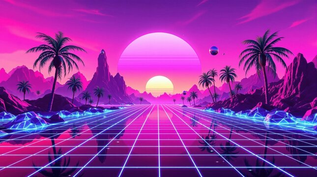 Retro futuristic landscape with neon pink and purple tones, featuring a grid and palm trees, evoking 80s vaporwave aesthetic, suitable for digital art.