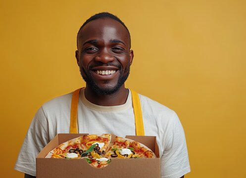 Man Holding a Freshly Made Pizza in a Casual Setting - Powered by Adobe