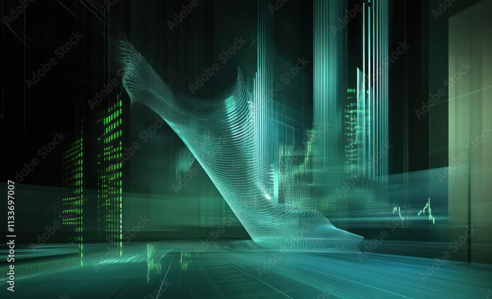 Poster abstract futuristic cityscape with glowing teal structures and data streams.