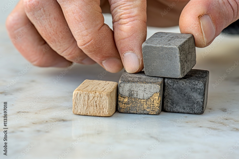 Poster hands arranging small wooden and stone blocks in a stack on marble surface.