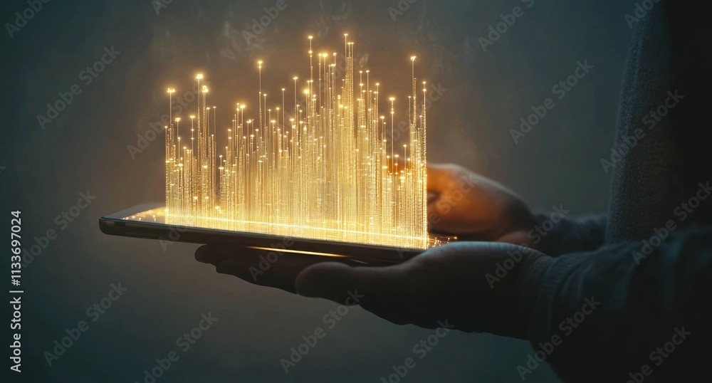 Poster Glowing data streams emanating from a tablet held in hands.