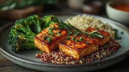Vegan dinner featuring portion of roasted tofu quinoa and steamed broccoli arranged on a ceramic plate with a rustic setting