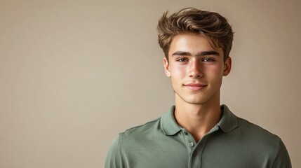 Obraz premium Cheerful young man with stylish hair wearing green polo shirt, smiling against neutral background. His expression conveys confidence and positivity