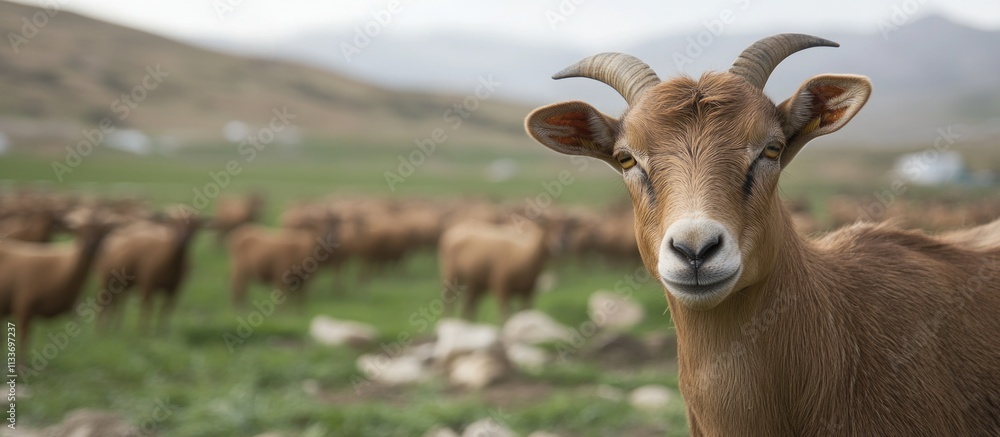 Poster close-up of a brown goat in a herd, looking directly at the camera, set against a blurred background