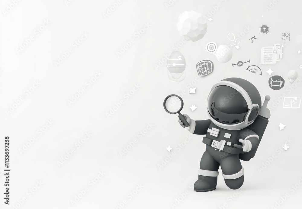Poster monochrome astronaut exploring space with magnifying glass and digital icons.