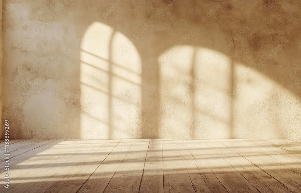Aufkleber sunlight streams through arched windows onto a rustic wooden floor and textured wall in an empty roo