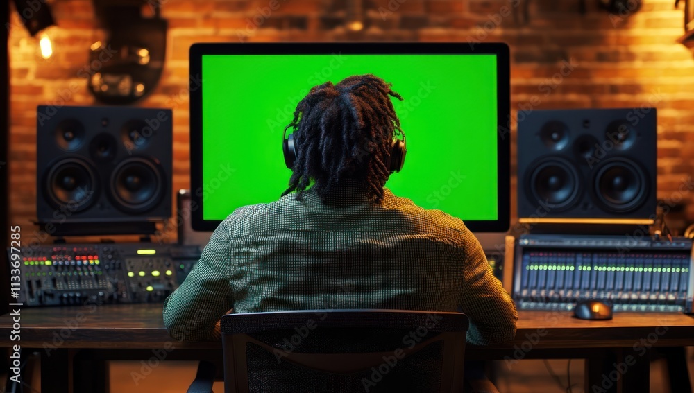 Poster Man with headphones sits at a computer with a green screen in a music studio.