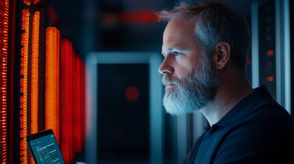 focused man with beard works on laptop in data center, surrounded by glowing server racks. atmosphere is high tech and intense, reflecting world of technology and innovation