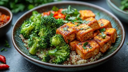 Vegan dinner featuring portion of roasted tofu quinoa and steamed broccoli arranged on a ceramic plate with a rustic setting