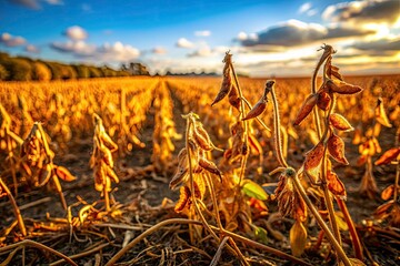 Close-up autumnal soybean stubble; detailed macro photography reveals post-harvest field texture.