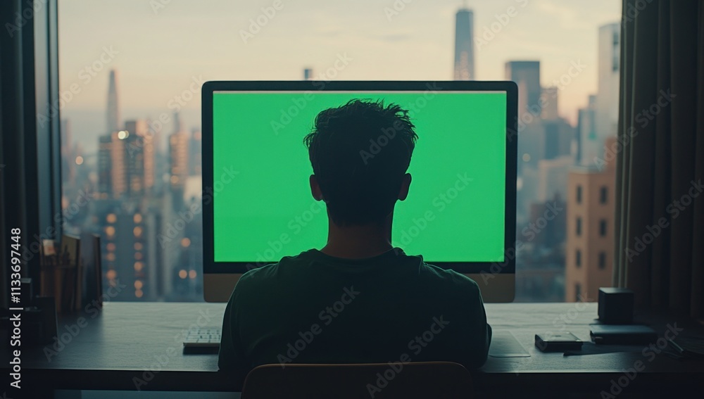 Poster man sits at desk facing green screen computer, city view.