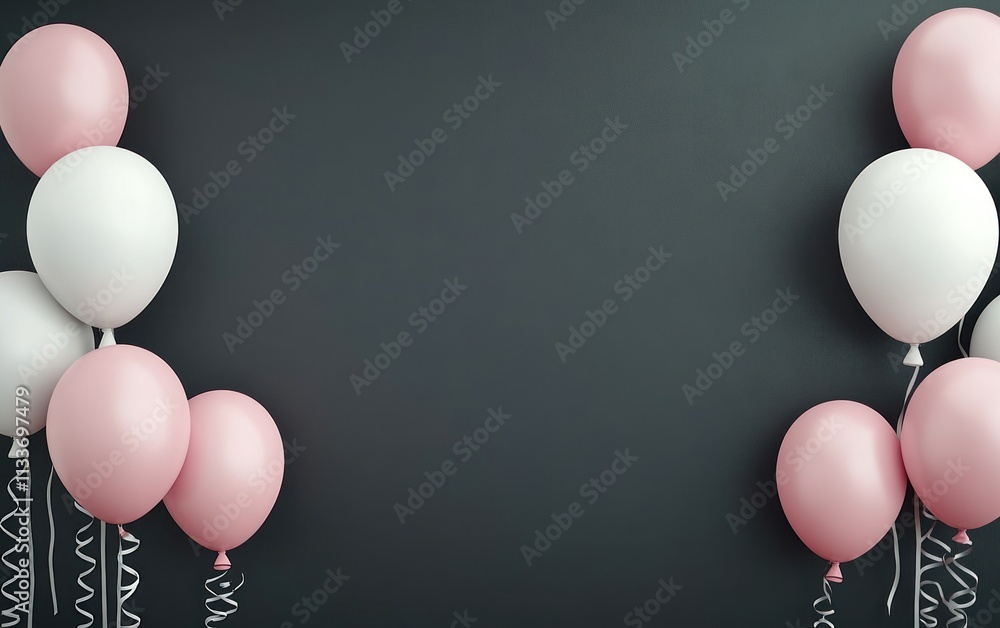 Poster pink and white balloons on dark background with copy space.