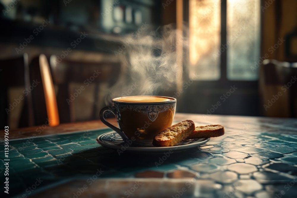 Poster steaming cup of coffee with biscotti on a mosaic table in a cafe.