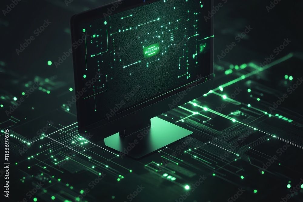 Poster A glowing green network grid surrounds a simple monitor icon, representing the essence of digital support and seamless connectivity in technology. Generative AI