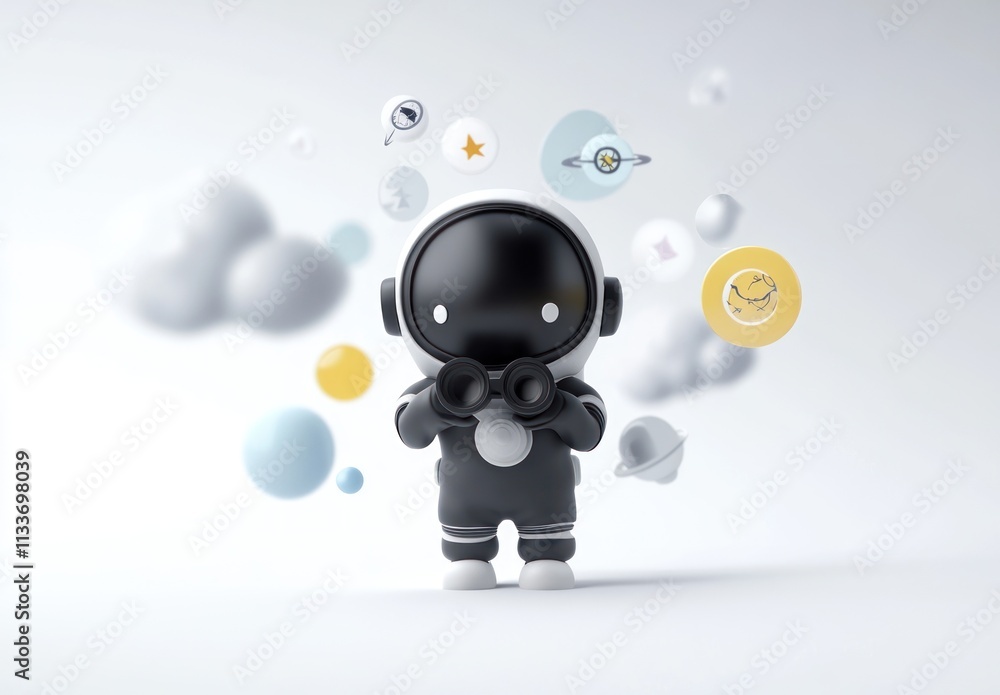Poster cute astronaut robot exploring space with binoculars, surrounded by planets and stars.
