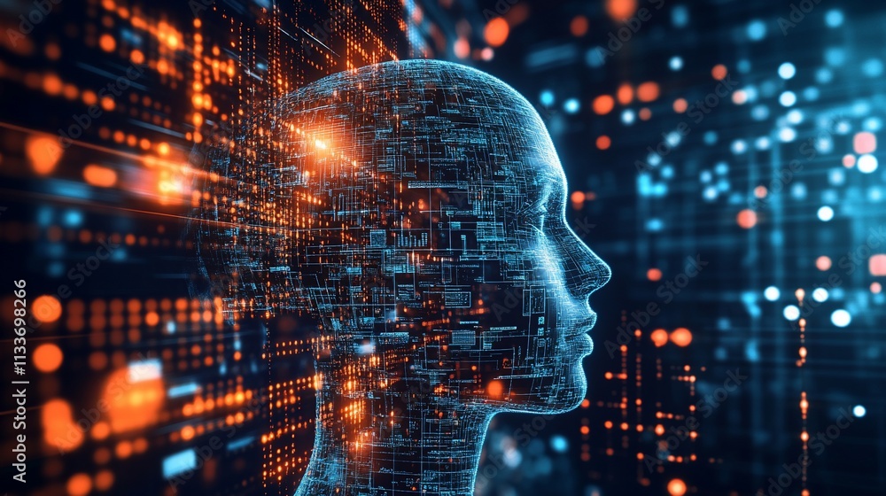 Poster Abstract digital representation of a human head with data visualization.