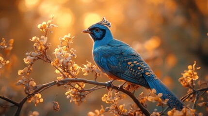 Vibrant blue bird perched on golden blossoms.