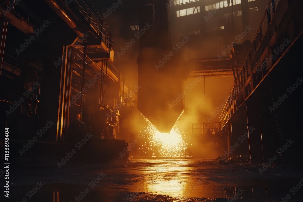Aufkleber Molten metal flows rapidly into casting molds inside an industrial hall, igniting flames and scattering sparks in the surrounding darkness. Generative AI