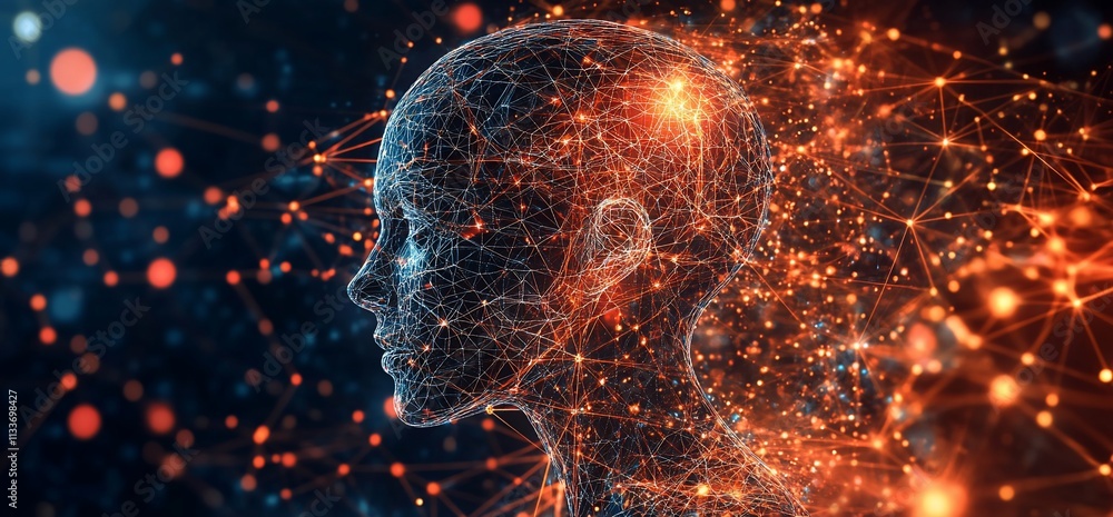 Poster Abstract representation of a human head with neural connections and light.