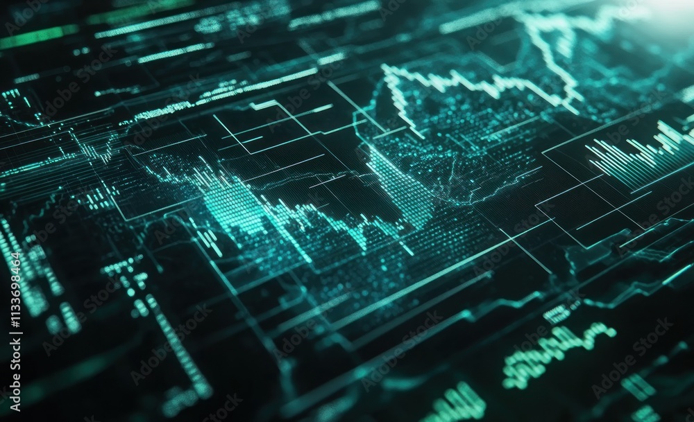 Aufkleber Abstract digital data visualization with glowing teal lines and graphs on a dark background.