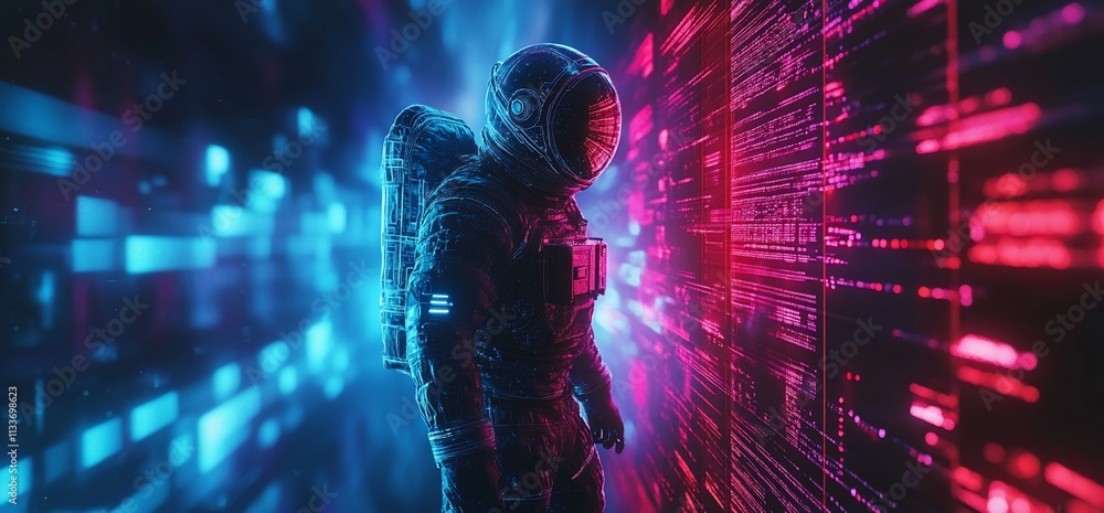 Poster An astronaut stands in a digital landscape filled with vibrant data streams.