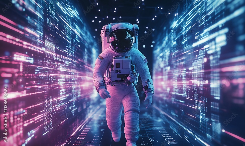Poster an astronaut navigating a digital, futuristic corridor of light.