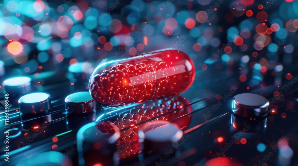 Poster red nanobots are filling a transparent pill lying on a reflective surface with metallic buttons and 