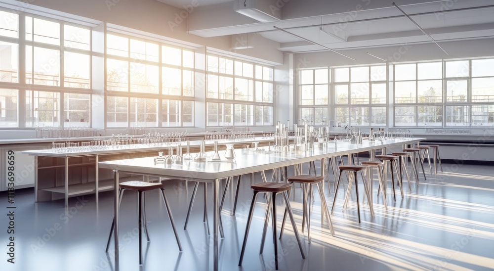 Poster sunlit modern science lab with empty tables, glassware, and stools.