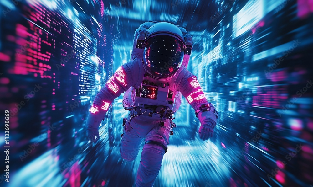 Poster an astronaut navigating through a vibrant, digital landscape.