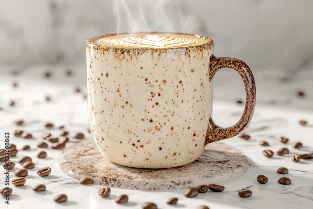 Poster steaming latte art in a speckled mug.