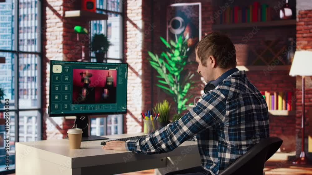 Poster remote employee in home office using ai software turning text prompt into photos. person in apartmen
