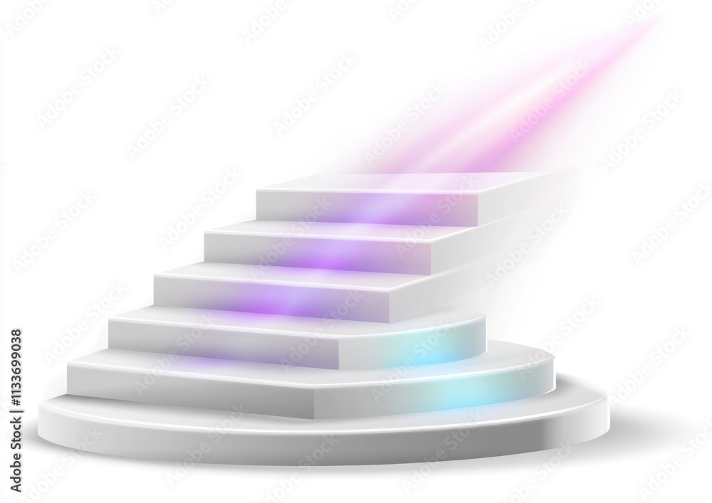 Poster illuminated white stairs on a circular platform.