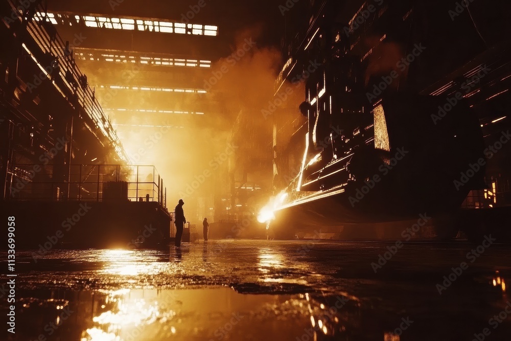 Poster molten metal flows into casting molds as flames and sparks erupt in an industrial setting illuminate